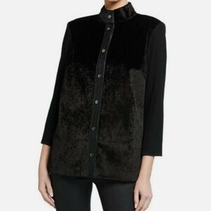 Ming Wang Black Faux Fur Knit Snap Jacket Women Size M. EUC.  Leather trim.